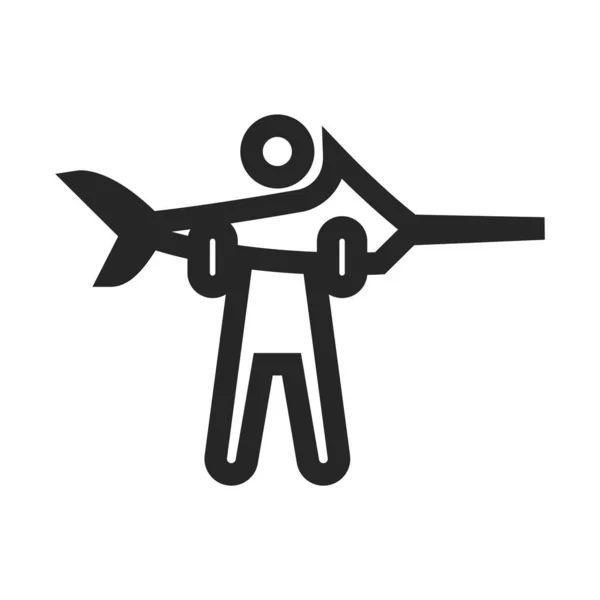 Чоловік Тримає Значок Риби Густому Стилі Контуру Чорно Білий Монохром — стоковий вектор