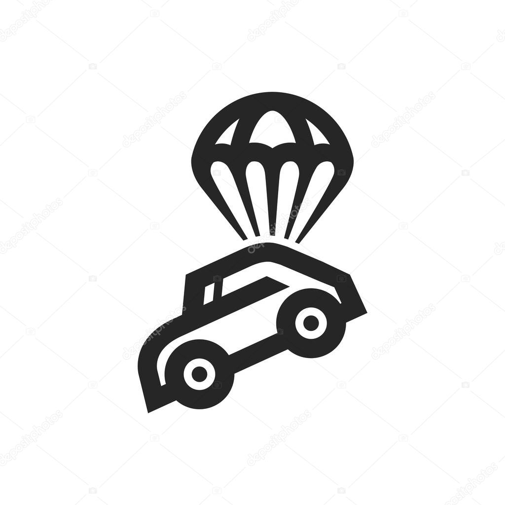 Car parachute icon in thick outline style. Black and white monochrome vector illustration.