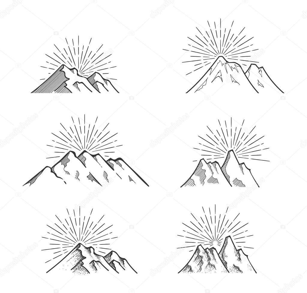 Hand drawn mountains with sun rays vector illustration