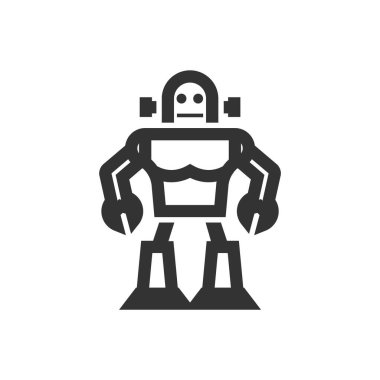 Kalın ana hatlı oyuncak robot ikonu. Siyah ve beyaz tek renkli vektör çizimi.