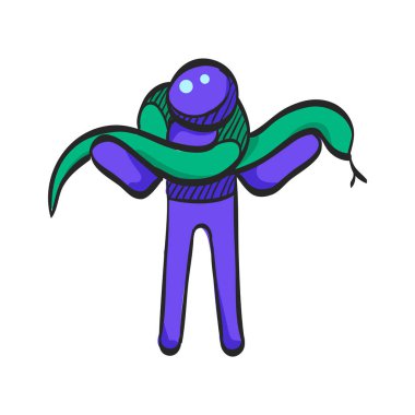 Yılan resmi çizen adam. Hayvanat bahçesi safari ormanı poz veriyor.