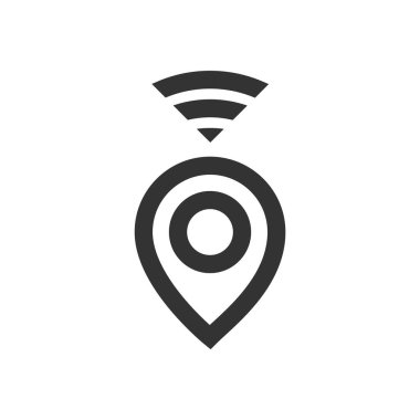 Pin konumu haritası simgesi kalın ana hat biçiminde. Siyah ve beyaz tek renkli vektör çizimi.