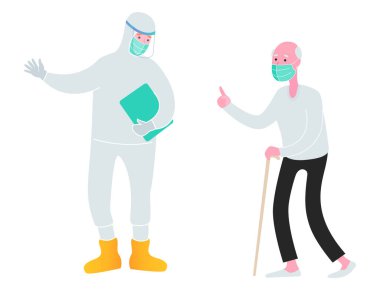 Tehlikeli madde kıyafeti giyen erkek hemşire yaşlı bir adama yardım ediyor. Sağlık hizmetleri, hastaneye giriş. Vektör illüstrasyonu.