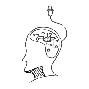 Eskiz çiziminde yapay zeka kavramı simgesi. Elektronik beyni olan insan kafası. Vektör illüstrasyonu.