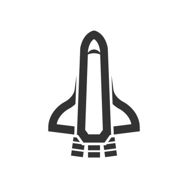 Uzay mekiği simgesi kalın ana hatlarıyla. Siyah ve beyaz tek renkli vektör çizimi.