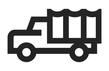 Kalın hatlı askeri kamyon ikonu. Siyah ve beyaz tek renkli vektör çizimi.