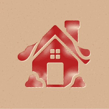 Yarım tonlu kış evi ikonu. Grunge arkaplan vektör illüstrasyonu.