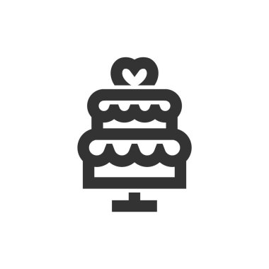 Düğün pastası ikonu kalın hatlı. Siyah ve beyaz tek renkli vektör çizimi.