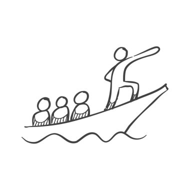 Çizim tarzında liderlik kavramı simgesi. Teknedeki adamlar. Vektör illüstrasyonu.