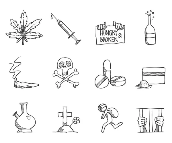 Ícones Drogas Narcóticos Estilo Esboço Vetor Mão Desenhada Doodle — Vetor de Stock