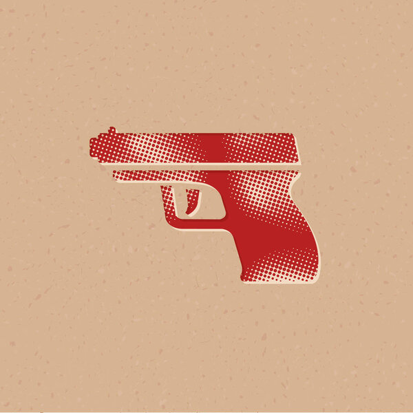 Arm gun icon in halftone style. Grunge background vector illustration.