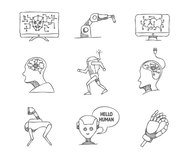 Iconos Concepto Inteligencia Artificial Estilo Boceto Vector Dibujado Mano Garabato — Archivo Imágenes Vectoriales