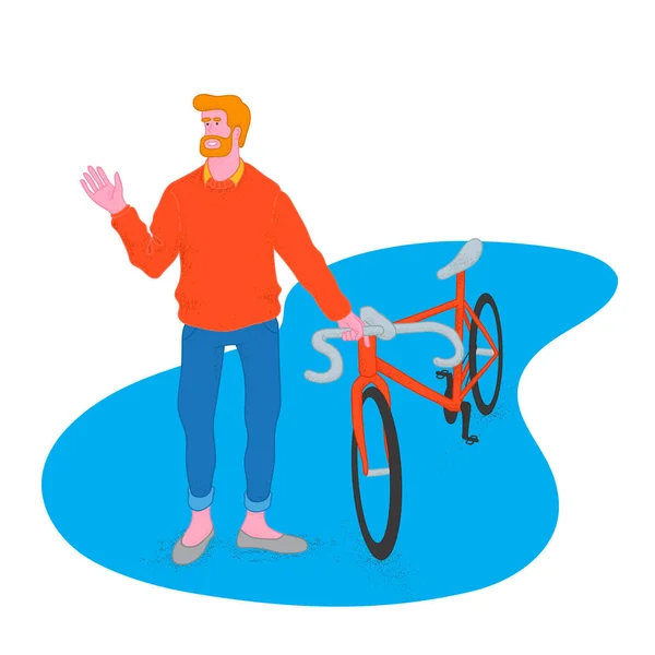 Bärtiger Radfahrer Mit Seinem Fahrrad Orangener Pullover Illustration Eines Lebensstilvektors — Stockvektor