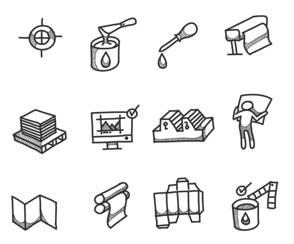 Impressão Ícones Esboços Doodles Desenhados Mão Industrial — Vetor de Stock