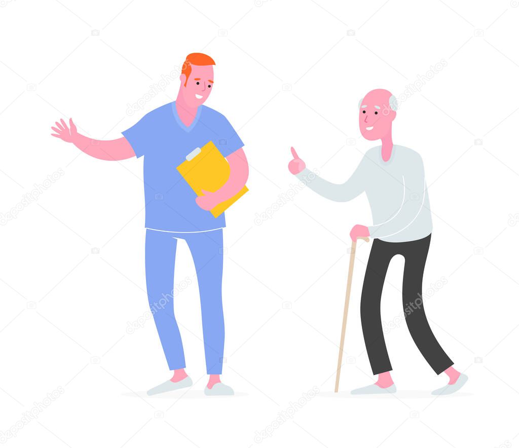 Male caregiver wearing uniform welcoming an elderly man with walking stick. Vector illustration.