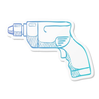 Etiket renginde elektrikli matkap simgesi. Makine marangozu alet ahşap çalışıyor