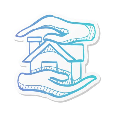 Yapıştırma rengi ile emlak bakım simgesi. Ev insanı avuç içi sigorta koruması