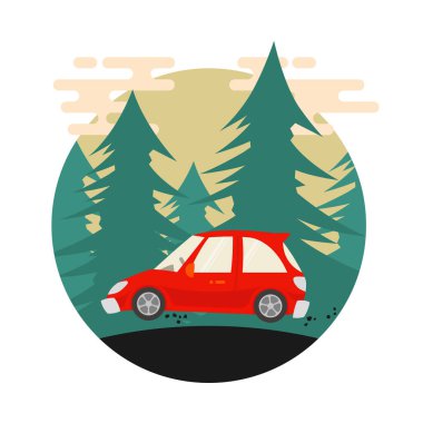 Yeşil çam ormanlarından geçen bir araba. Düz renk. Vektör illüstrasyonu.