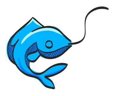 Renkli çizimde oltaya takılmış balık resmi. Balıkçılık suyu nehri avı