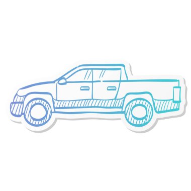 Etiket renginde araba simgesi. Kamyon, çift kabin, 4x4, 4 tekerlekli sürücü. 