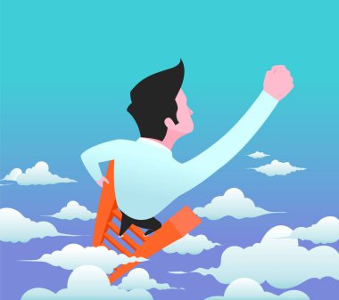 İş adamı bulutların arasından merdivene tırmanıyor..