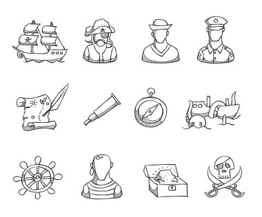 Eskiz tarzında korsan simgeleri. El çizimi deniz soyguncusu.
