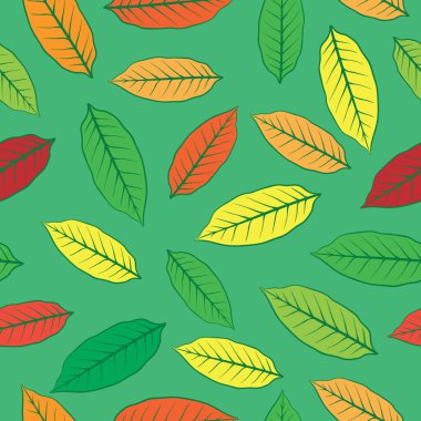 Yaprakların çeşitli renklerdeki kusursuz deseni. Yeşil arka plan. Vektör illüstrasyonu.