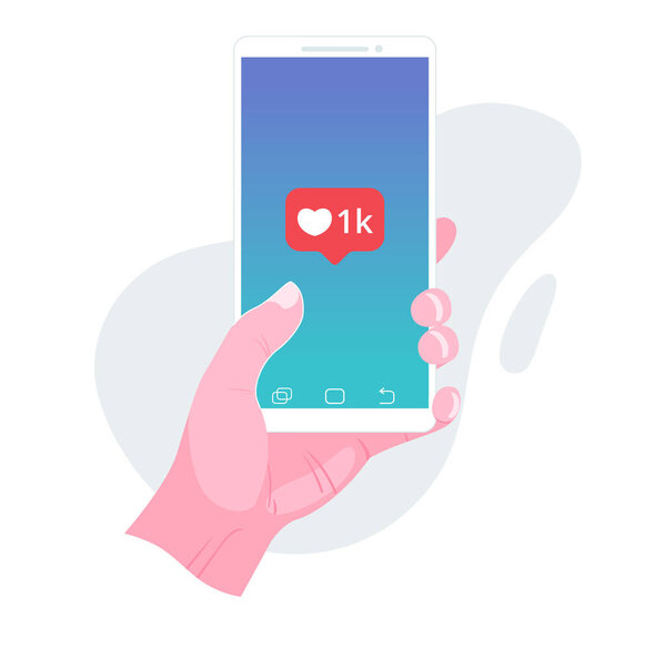 Hand holding smart phone with social media likes icon. Vector illustration.