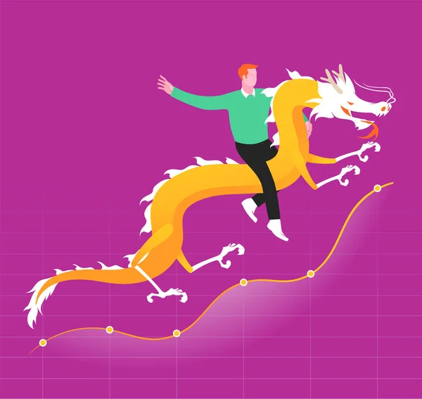 Riding Yellow Dragon Business Economy Metaphor Vector Illustration — Stock Vector