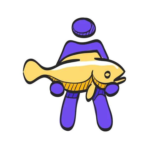 Mann Mit Fisch Symbol Farbzeichnung Angeln Fischer Fangen Meer Tier — Stockvektor