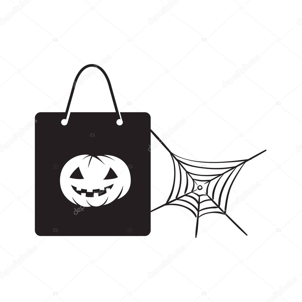 Shopping bag and spider web icon in black and white. Vector illustration.