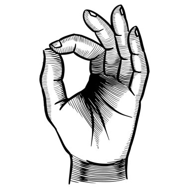 Tamam el işareti. El çizimi vektör çizimi. Siyah ve beyaz.