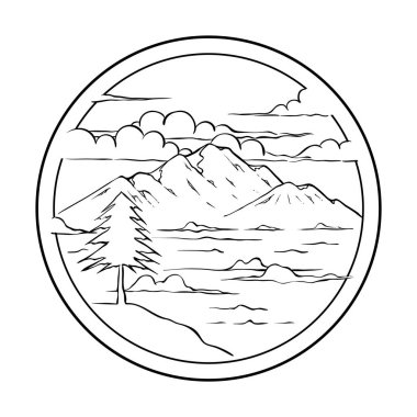 Siyah ve beyaz dağ el çizimi. Logo şablonu.