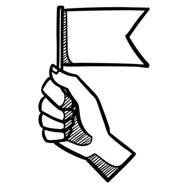 Kopya alanı olan küçük bir bayrak tutuyor. Vektör illüstrasyonu.