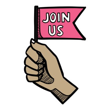 Küçük bayrakla el ele tutuşup bize katılın. Vektör illüstrasyonu.