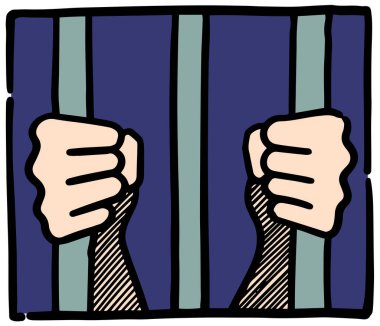 Eskiz tarzında hapishane ikonu. Suçlu kanun kaçağı parmaklıklar ardında.