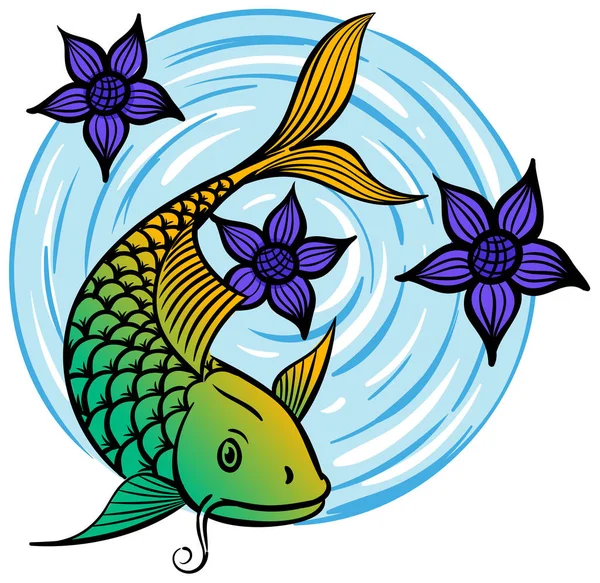 Peixe Koi Desenhado Mão Com Flores Lótus Ilustração Vetorial — Vetor de Stock