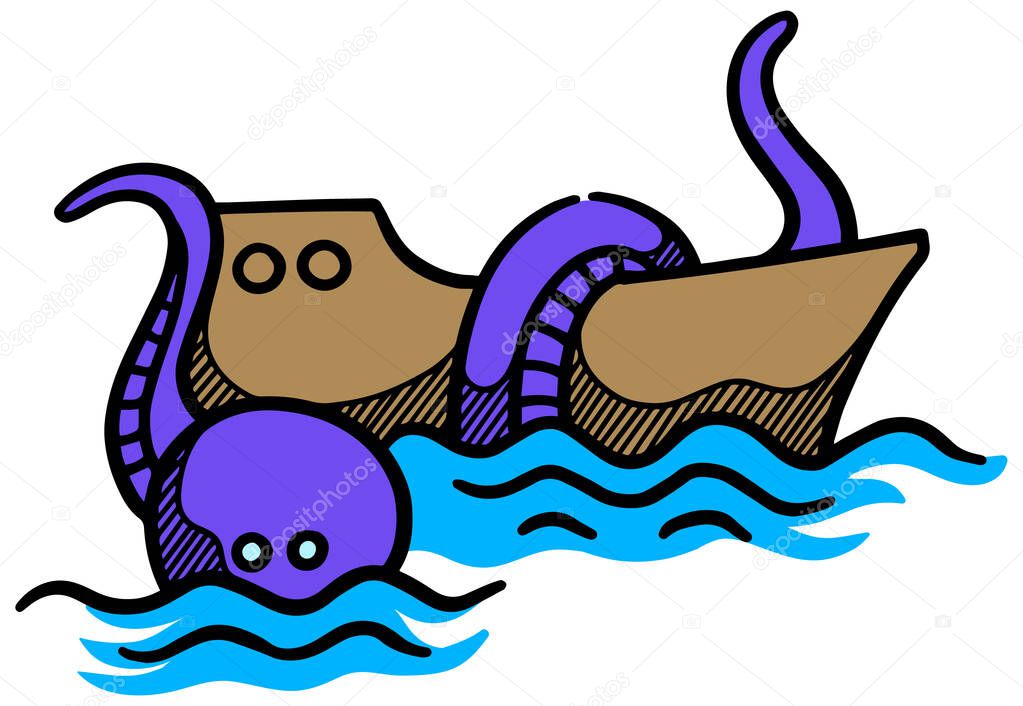 Ship and giant octopus icon in sketch style. Hand drawn vector illustration.