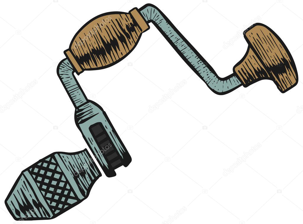 Ratchet drill icon in sketch style. Woodworking tool vector illustration.