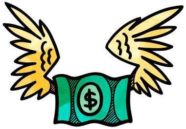 Suluboya tarzı el, yeşil uçan dolar simgesi çizdi