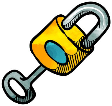 Suluboya tarzı anahtar ve asma kilit el çizimi