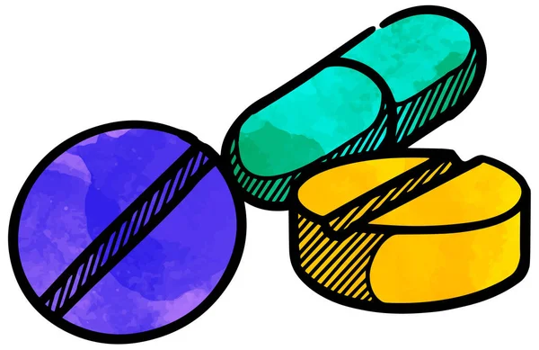 Pilules Style Aquarelle Icône Dessinée Main — Image vectorielle