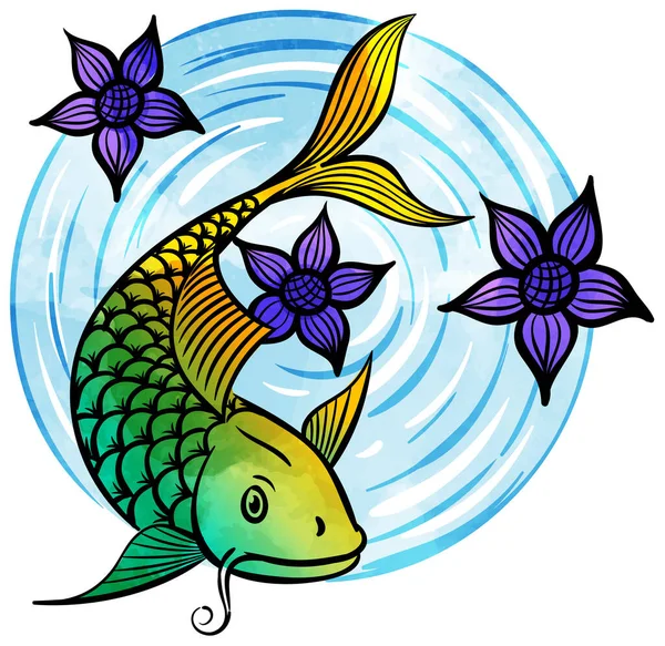 Watercolor Style Hand Drawn Koi Fish Lotus Flowers — Stock Vector