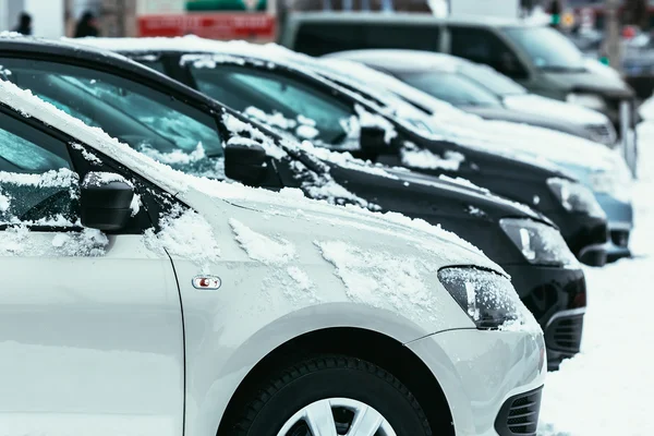 Carros cobertos com neve branca fresca no inverno — Fotografia de Stock