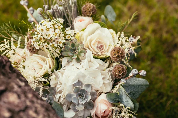 Wedding bouquet with roses and succulents on green grass and woo — Stock Photo, Image