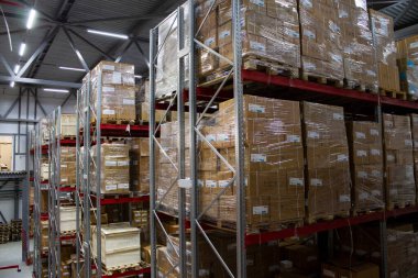 Endüstriyel parçaların dağıtımı için depo raflarıyla birlikte..