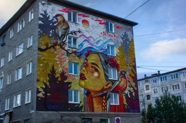 Kirovsk 'taki konut binalarının cephelerine resimler (grafiti). Rusya, Ağustos 2020