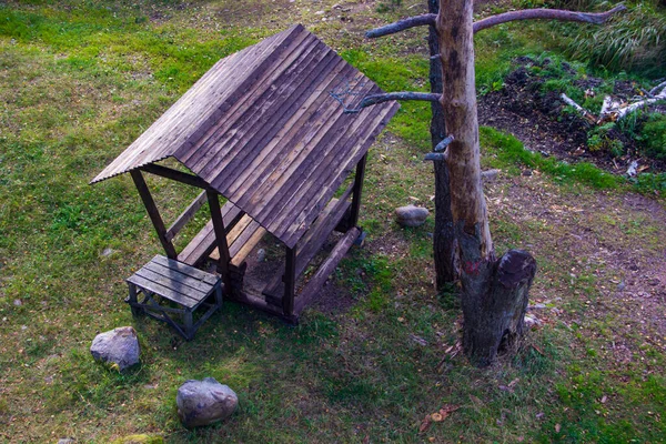 Kuşları izleyen turistler için ahşap bir çardak manzarası. Vahşi Yaşam Sığınağı 