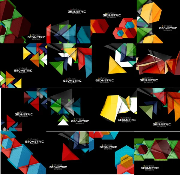 Ensemble de fonds noirs abstraits géométriques aux formes multicolores — Image vectorielle