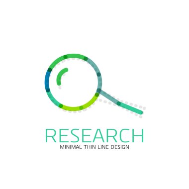 Vektör ince çizgi logo Büyüteç, ara ve bul veya yakınlaştırma logo tasarım. Doğrusal minimalist iş simgesi